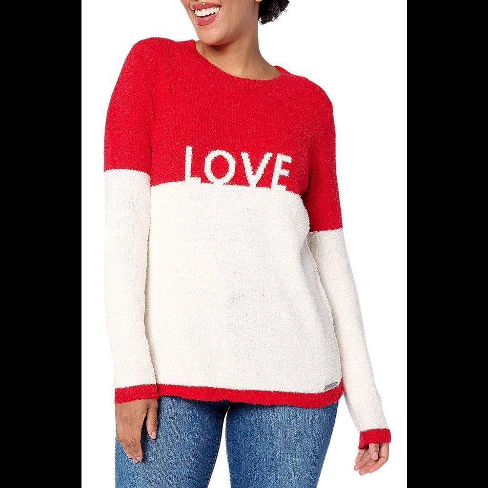 Peace Love World Chenille Affirmation Sweater Love Red - Regular